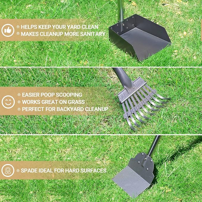 Dog Pooper Scooper, Dog Poop Tray and Rake Set with Long Stainless Handles | Pet Waste Removal Scoop with Adjustable Sectional Handles